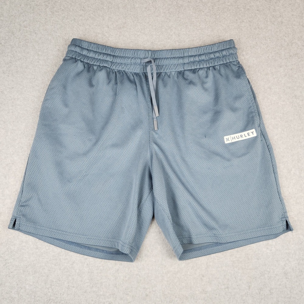 Hurley Mens Mesh Athletic Shorts Blue Grey Drawstring Zipper Pocket Size Large
